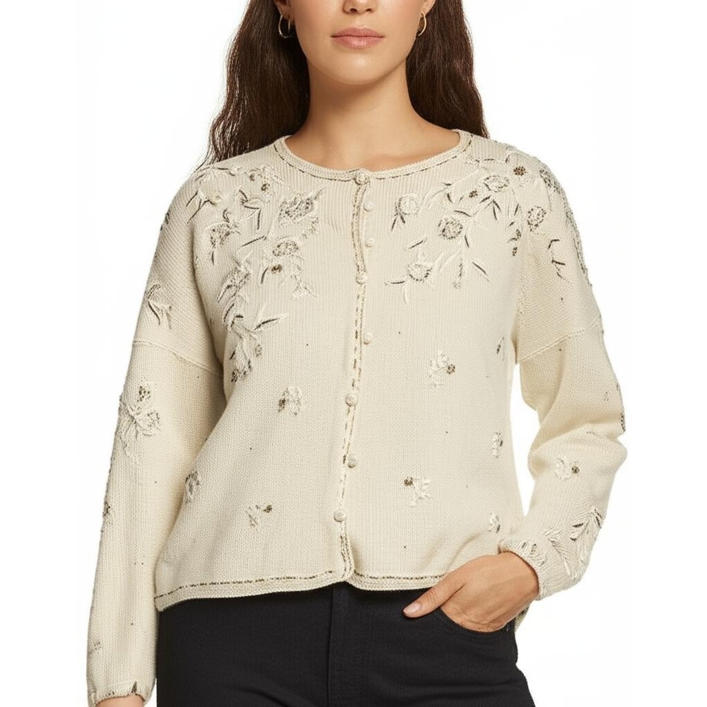 Tiara International Cardigan Sweater Womens Size L Cream Floral Beaded Knit